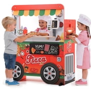 COCLUB Kids Pizza Playset Pretend Play Toys, Wooden Food Truck Toy with Light Sound Oven and Credit Card Machine, Ice Cream Cart, Play Kitchen for Boys Girl Birthday Gifts 3+