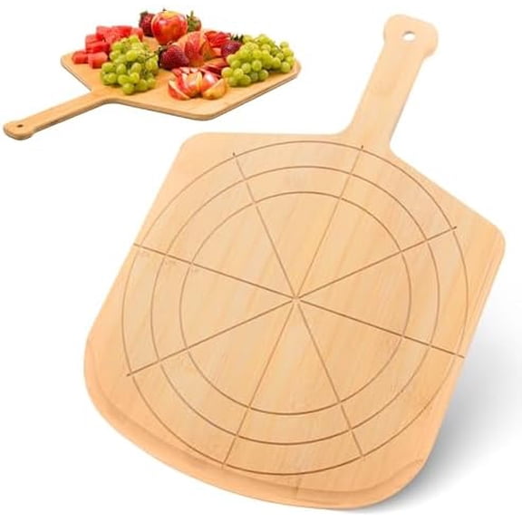 Wooden Pizza Peel 12 Inch Board with Engraved Sizes - Multi-Purpose Bamboo Pizza Cutting Board, Wood Pizza Peel, Pizza Spatula Paddle, and Serving Board with Size and Cutting Guide
