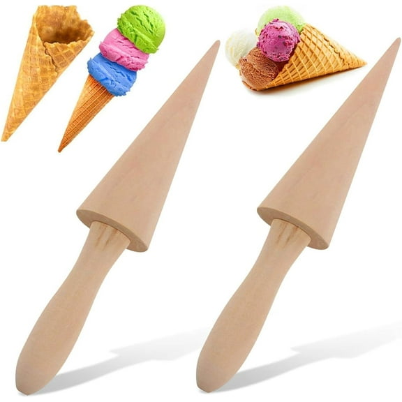 Wooden Pizzelles Roller,Tutuviw 2Pcs Ice Cream Cone Roller Mold,9in Non-Slip Handle Waffle Cone Shaper Tool,Reusable Wooden Ice Cream Horn Molds,Pastry Roller,Baking DIY Accessories
