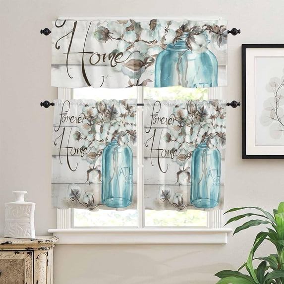 Wooden Plank 3pcs Kitchen Curtain Valance and Tiers Set, Small Window Treatment Valance Curtain Insulated Blackout Drapes with 2 Tiers Curtains for Kitchen Bathroom, Forever Home Mason Jar Floral