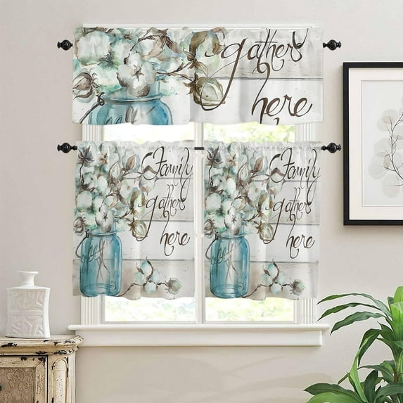 Wooden Plank 3pcs Kitchen Curtain Valance and Tiers Set, Small Window Treatment Valance Curtain Insulated Blackout Drape with 2 Tier Curtains for Kitchen Bathroom, Family Gathers Here Mason Jar Floral