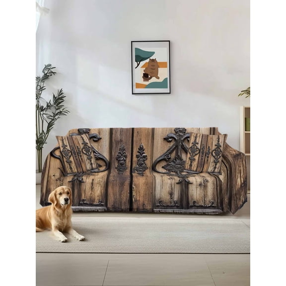 Wooden Plank Couch Cover Sofa Covers 3 Cushion Sectional Couch, Rustic Farmhouse Brown Black Barn Door Washable Sofa Covers Slipcover Sectional Sofa Cover, Furniture Protector 71"x150"