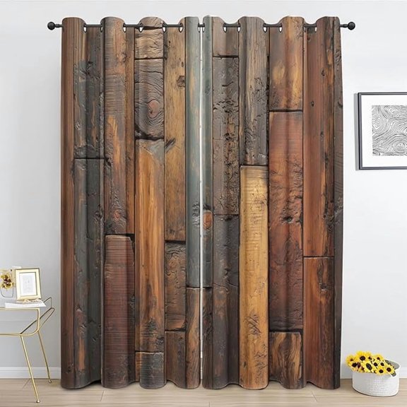 Wooden Plank Curtains, Rustic Brown Wood Curtains for Kitchen Bedroom, Wooden Panels Drapes Thermal Insulated Room Darkening Grommet Window Treatments 26"W x 63"L (Pack of 2)