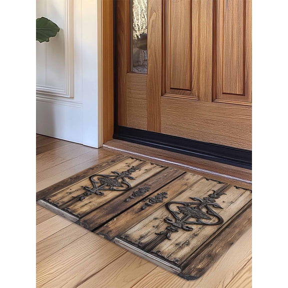 Wooden Plank Door Mat Indoor Outdoor Entrance, Non Slip Small Rug for Kitchen Bathroom Entryway Rug, Rustic Farmhouse Brown Black Barn Door Washable Doormat Floor Mat for Office 16x24 Inch