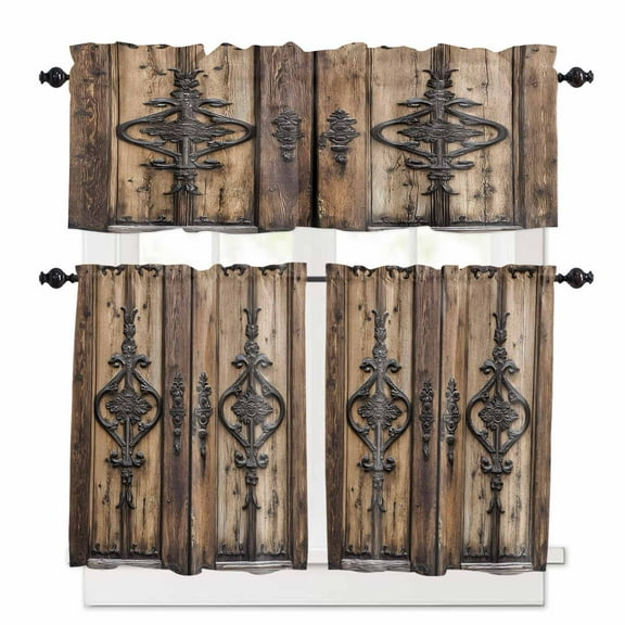 Wooden Plank Kitchen Curtains and Valances Set, 3 Piece Kitchen Curtains Set 24 Inch Length, Rustic Farmhouse Brown Black Barn Door Rod Pocket Curtains Tier Farmhouse Window Curtains