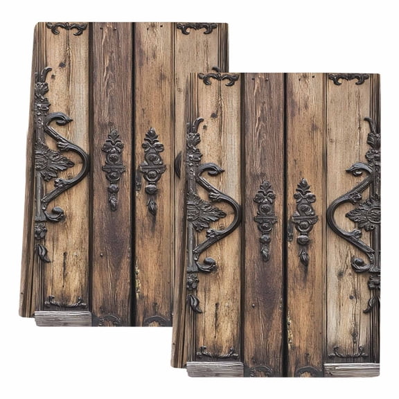 Wooden Plank Kitchen Towels Set of 2, Absorbent Microfiber Dish Tea Towels with Hanging Loop, Rustic Farmhouse Brown Black Barn Door Resuable Hand Towel for Home Kitchen Cooking Cleaning 18"x28"
