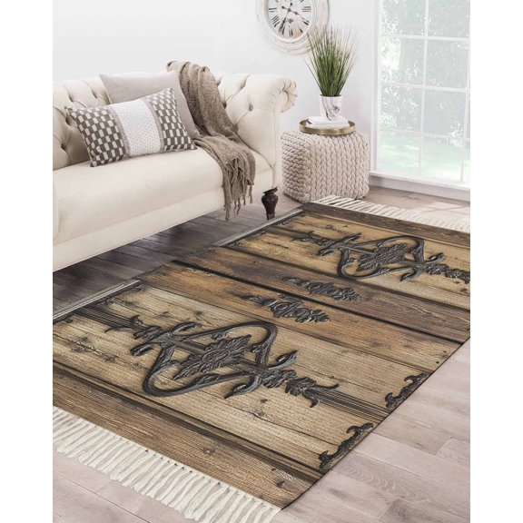 Wooden Plank Large Area Rug 4x6ft Woven Runner Rug,Rustic Farmhouse Brown Black Barn Door Washable Living Room Bedroom Kitchen Bathroom Classroom Carpet with Tassels,Indoor Outdoor Throw Door Mat