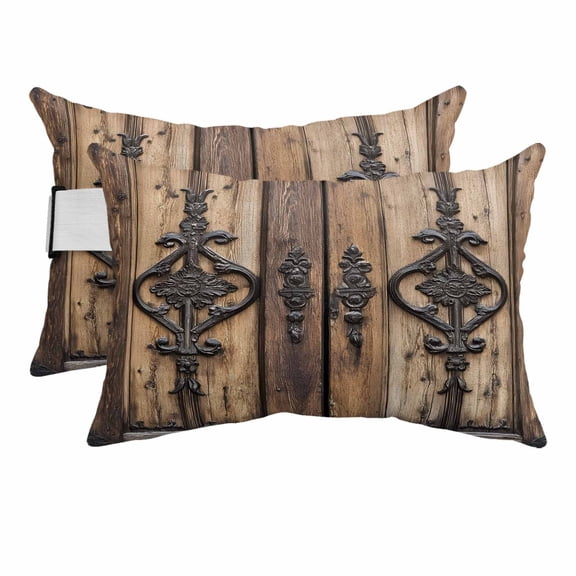 Wooden Plank Outdoor Pillows for Chaise Lounge Chair Beach Headrest Pillow Set of 2 Waterproof Lumbar Pillows with Insert&Strap Rustic Farmhouse Brown Black Barn Door Pillow for Patio Pool 12"x20"