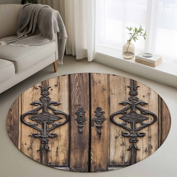 Wooden Plank Round Area Rug 3.3 FT, Non Slip Small Entryway Kitchen Mat, Rustic Farmhouse Brown Black Barn Door Washable Soft Circular Rug Non-Shedding Door Mat for Bathroom Playroom Kids Room
