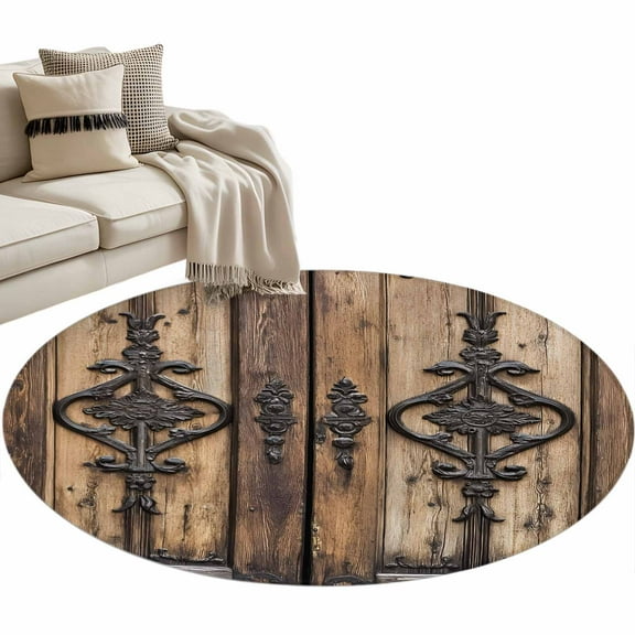 Wooden Plank Round Area Rug 4 FT, Non Slip Indoor Outdoor Rug, Rustic Farmhouse Brown Black Barn Door Washable Soft Circular Carpet Non-Shedding Floor Mat for Coffee Table Nursery Foyer Balcony