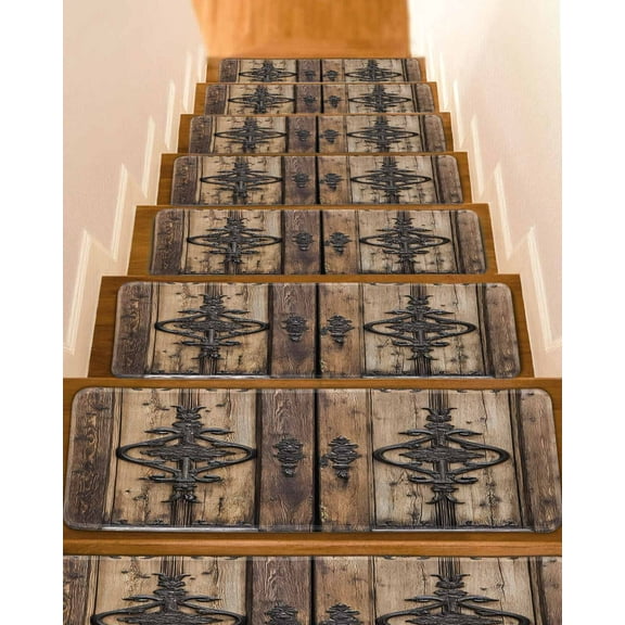 Wooden Plank Stair Treads for Wooden Steps Indoor Runner Rug Carpet, Rustic Farmhouse Brown Black Barn Door 7 Pieces Peel and Stick Staircase Step Treads Covers Washable Throw Door Mats, 30"x8"