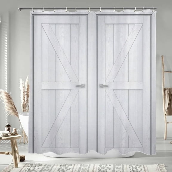 Wooden Plank White Polyester Shower Curtains Vintage Barn Door Striped Fabric Bathtub Curtain Rustic Farmhouse Stall Shower Curtain for Kids Bathroom Decor Waterproof with Hooks,72x72 Inch