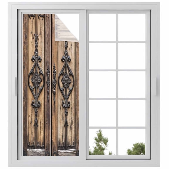 Wooden Plank Window Privacy Film, Rustic Farmhouse Brown Black Barn Door Static Cling UV Sun Blocking Heat Control Window Tint Day and Night, Non-Adhesive One Way Windows Privacy Cover 29.5''x78.7''