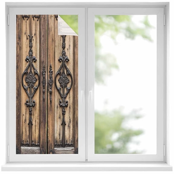 Wooden Plank Window Privacy Film, Rustic Farmhouse Brown Black Barn Door Static Cling UV Sun Blocking Heat Control Window Tint Day and Night, Non-Adhesive One Way Windows Privacy Cover 19.6''x39.3''