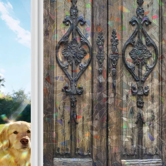 Wooden Plank Window Privacy Film Stain Glass,Reusable Decorative Rainbow Window Film,Rustic Farmhouse Brown Black Barn Door Static Cling Sun Blocking Stickers Decals Covers 17.7" x 39.3" (2pcs)