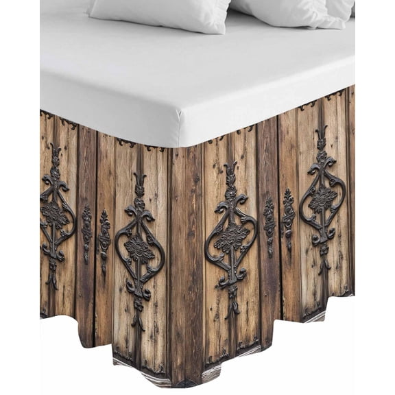 Wooden Plank Wrap Around Bed Skirts for California King Bed 18" Drop,Bed Skirt with Adjustable Elastic Belt Dust Ruffle Bed Valance for Bedroom Rustic Farmhouse Brown Black Barn Door Bed Frame Cover
