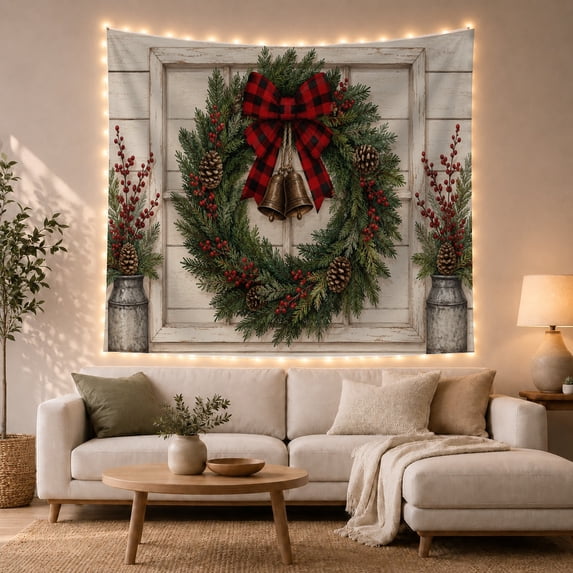 Wooden Planks Festive with Evergreen Wreath Adorned, Cozy Farmhouse for Farmhouse Decor Lovers, Wall Decor, Housewarming Gift, Tapestry Wall Hanging for Dorm and Living Room