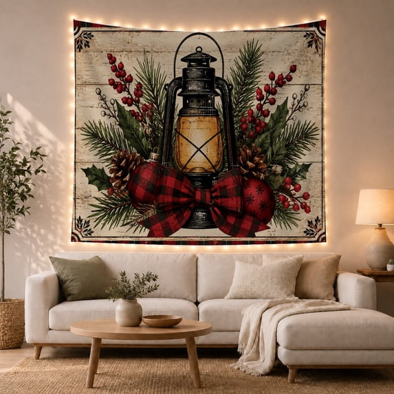Wooden Planks Lantern with Curved Loop Metalwork, Cozy Farmhouse for Farmhouse Decor Lovers, Aesthetic Wall Decor, Christmas Gift, Tapestry Wall Hanging for Dorm and Living Room