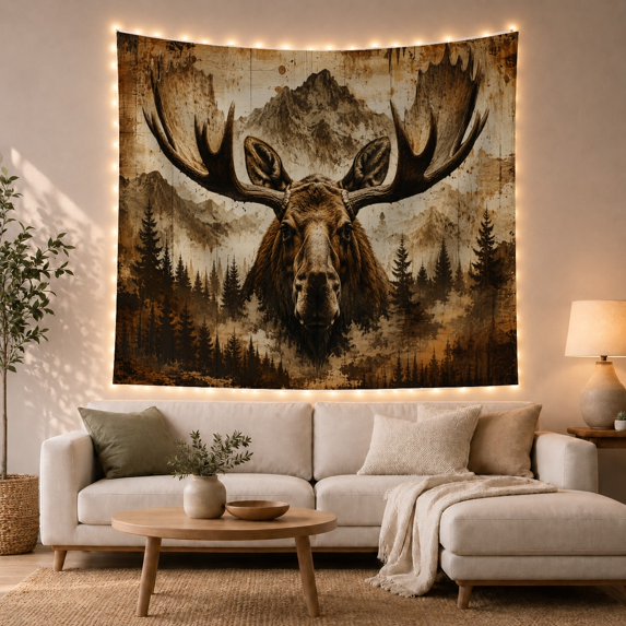 Wooden Planks Portrait with Bull Moose Facing, Cozy Rustic for Farmhouse Decor Lovers, Aesthetic Wall Decor, Housewarming Gift, Tapestry Wall Hanging for Dorm and Living Room