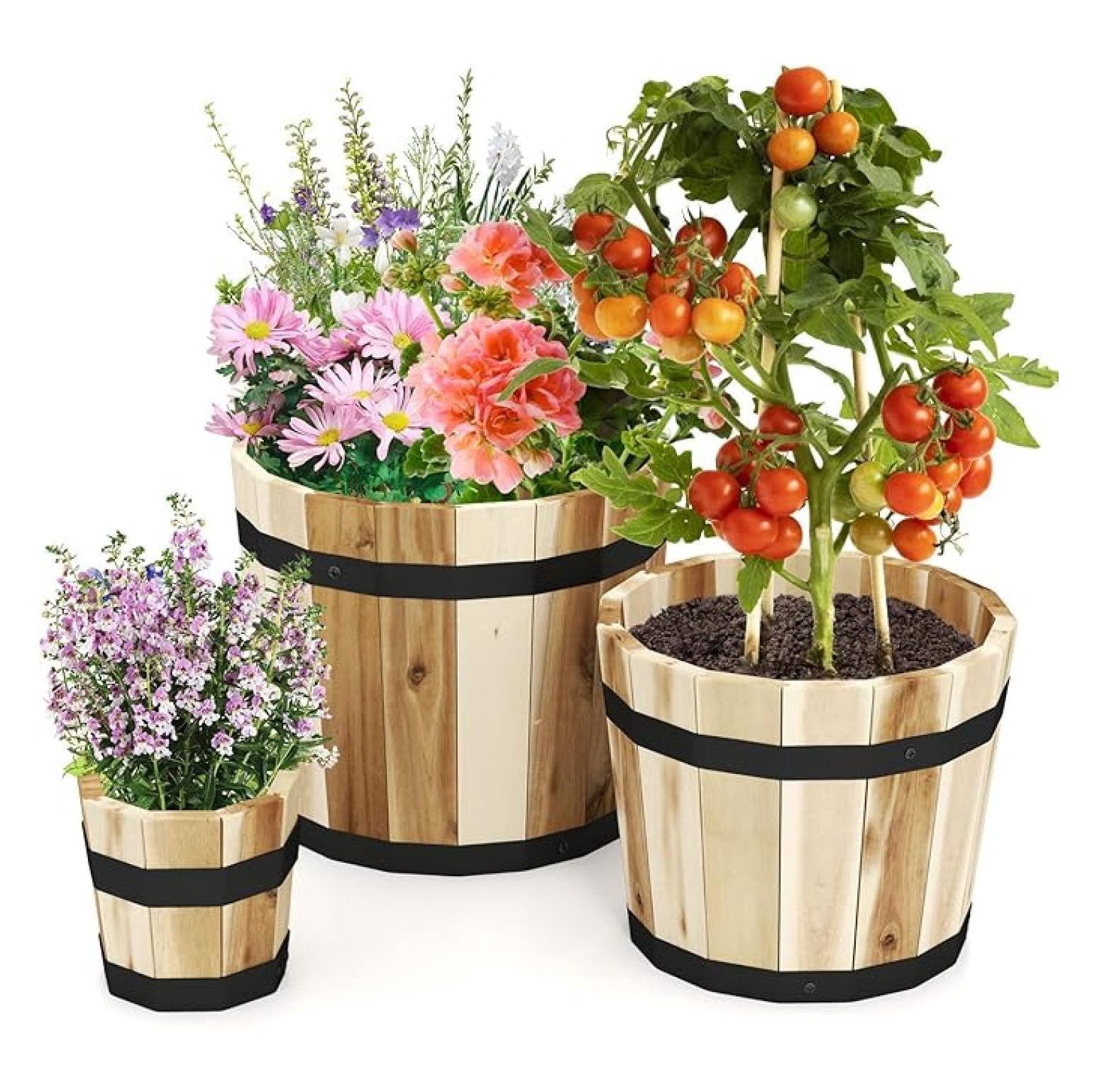Wooden Plant Pots, 3-Piece Whiskey Barrel Planters w/ Drainage - Indoor Outdoor Flower & Herb Pots for Patio, Garden, Home Decor