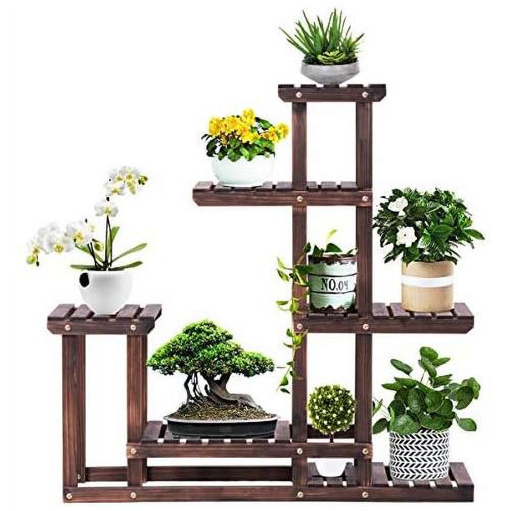Wooden Plant Stand W/ 6 Different Height Storage Rack For Outdoor