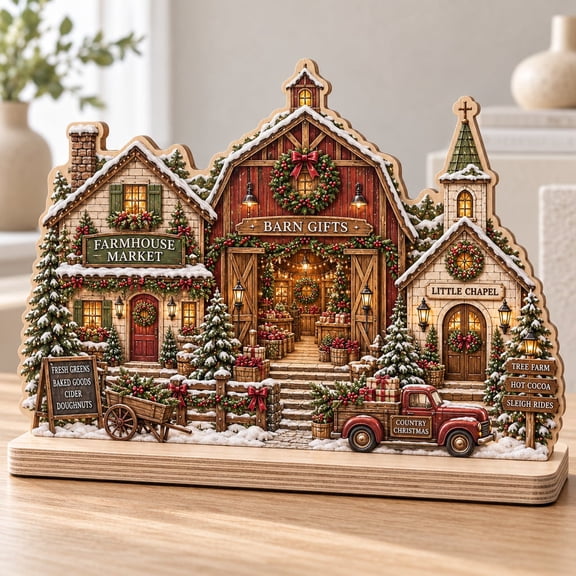 Wooden Plaque Christmas Barn Village Wood Home Decor Christmas