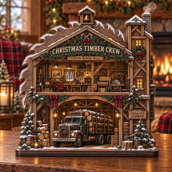 Wooden Plaque Christmas Timber Crew Logging Mill Scene for Rustic Holiday Display and Loggers