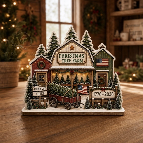 Wooden Plaque Christmas Tree Farm 2-Layer Wood Shelf Sitter for Patriotic Farmhouse Christmas Decor