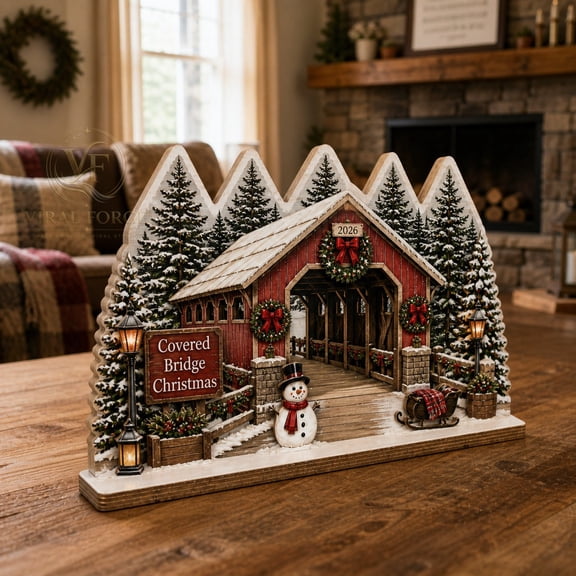 Wooden Plaque Covered Bridge Christmas Wood Tabletop Shelf Decor for Rustic Winter Displays