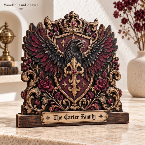 Wooden Plaque Gothic Raven Crest Tabletop Decor for Halloween Gift