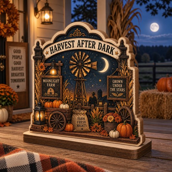 Wooden Plaque, Moonlight Windmill Harvest Farm Scene for Tabletop Display, Halloween Host Gift