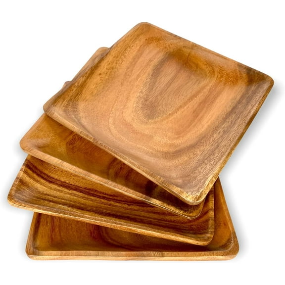 Wooden Plates, Set of 4, 8" Square, Durable Acacia Hardwood, Versatile Tableware for Side Dish, Bread, Snacks, Desserts, Charcuterie Server, Natural, Rustic Decorative Design.
