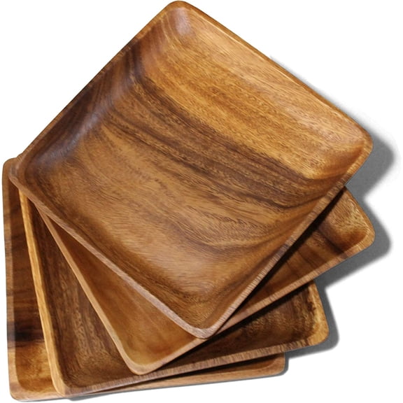Wooden Plates Set of 4 – 10” Square Acacia Wood Plates, Rustic Dinnerware for Steak, BBQ, Charcuterie, or as Wooden Chargers