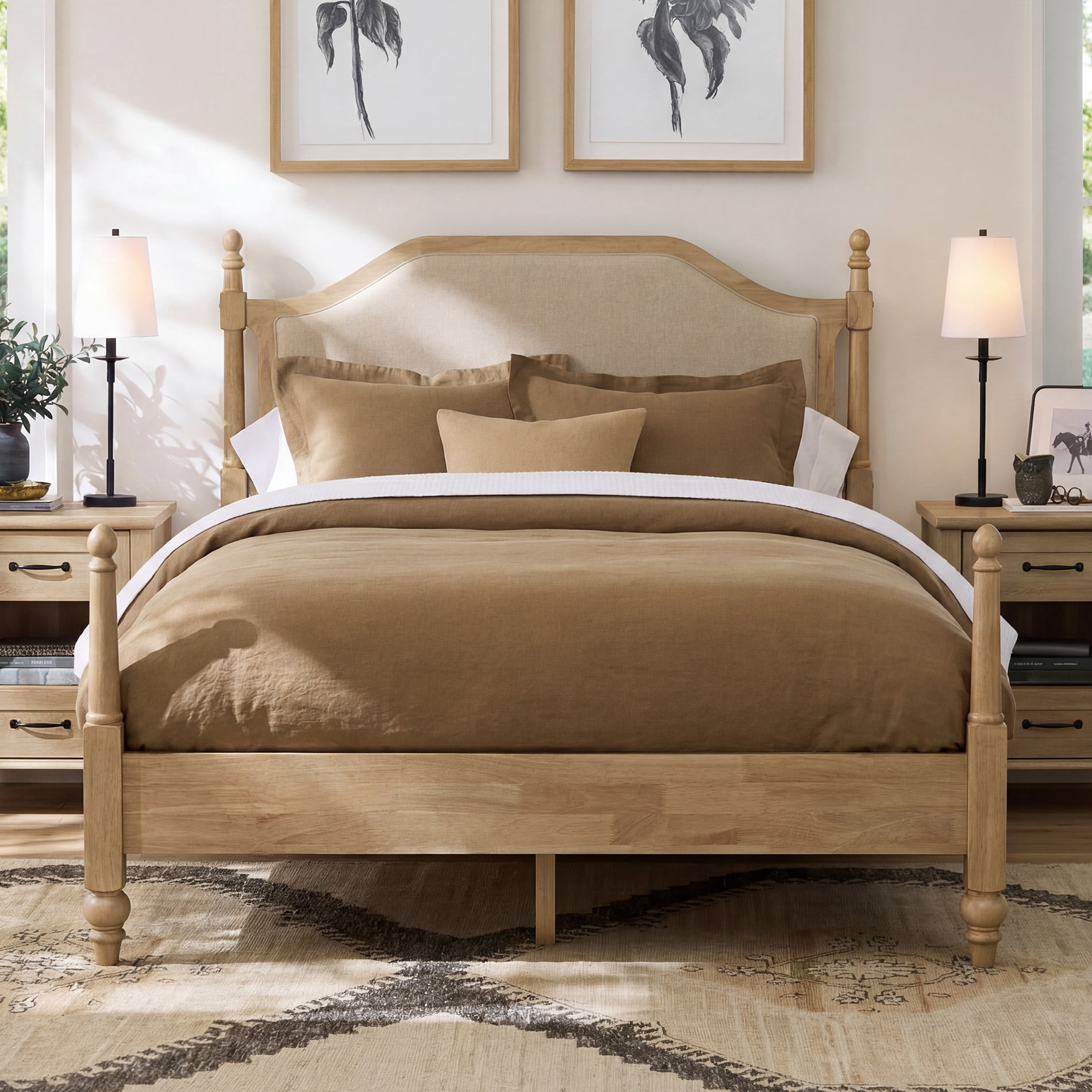 Wooden Platform Bed Frame with Upholstered Headboard – Full Size, Wood Slat Support, Spacious Under-Bed Storage, No Box Spring Required, Easy to Assemble, Oak