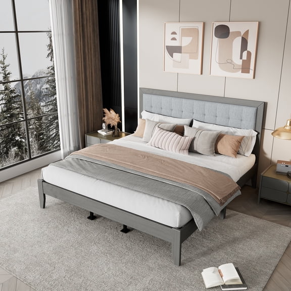 Wooden Platform King Size Bed Frame with Headboard,Modern Grid-Pattern Soft Tufted Upholstered Bed with Extra Thick Slats & Support Legs,Shale Gray