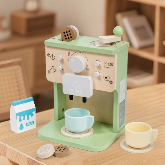 Wooden Play Coffee Maker Set for Kids Kitchen, Realistic Espresso Machine Toy with Cups Saucers Milk Carton Coffee Pods, Montessori Educational Fine Motor Gift for Toddler Boys Girls 3+