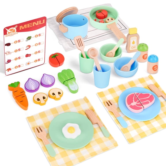 Wooden Play Food Kids Cooking Sets, Play Kitchen Accessories Pretend Play Toys for Toddlers, Kids Kitchen Playset Including Play Dishes, Pot and Pan, Utensils, Gift for Girls Boys 3 4 5 Years Old