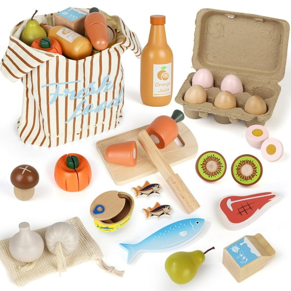 Wooden Play Food Sets for Kids Kitchen, Food Toys for Toddlers 3+ Year Old, with Shopping Bag, Pretend Food Play Kitchen Cutting Fruits Vegetables Toys, Gift for Boys Girls Educational Toys