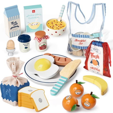 Wooden Play Food Sets, Play Kitchen Accessories Kids Cutting Pretend Play Fake Food Toys for 3 4 5 6 7 Years Girls Boys Toddlers Toys
