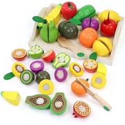 Wooden Play Food Sets for Kids Kitchen Accessories Cutting Montessori Toy for Toddlers 1-3, Learning Educational Toys for 1 2 3 Year Old Boys Girls