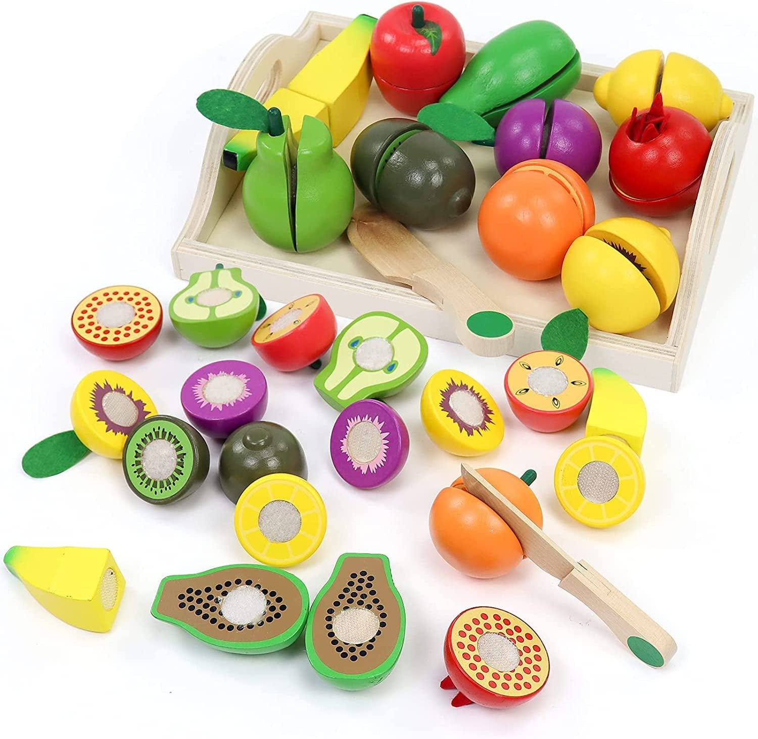 Wooden Play Food Sets for Kids Kitchen Accessories Cutting Montessori Toy  for Toddlers 1-3, Learning Educational Toys for 1 2 3 Year Old Boys Girls 