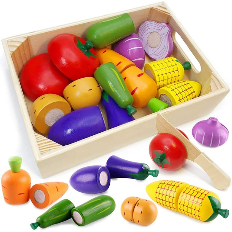 Wooden Play Food for Kids Kitchen toys for toddlers Cutting Pretend Toy  Food wooden Fruits Vegetables Gift for Boys Girls Educational Toys