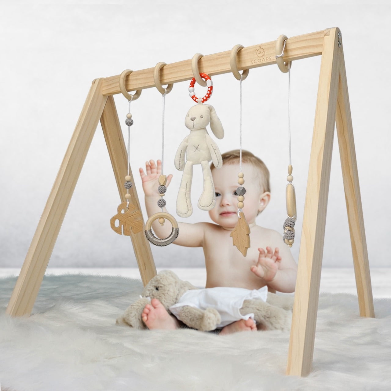 Wooden Play Gym Activity Gym for Baby with 4 Hanging Wooden Baby Toys