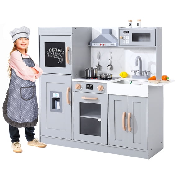 Wooden Play Kitchen for Kids with Cookware Playset, Lights & Sounds, 20 Accessories and Ice Maker, Microwave, Oven, Range Hood, Sink, Gift for Ages 3+(Gray)