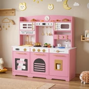 Reasea Kids Wooden Play Kitchen Set , Toddler Toy Kitchen Playset with 24 Accessories, Realistic Appliances & Storage for Kids Ages 3+, Pink