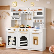 Reasea Kids Wooden Play Kitchen Set , Toddler Toy Kitchen Playset with 24 Accessories, Realistic Appliances & Storage for Kids Ages 3+, Cream White