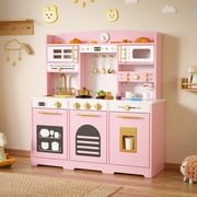 Reasea Kids Wooden Play Kitchen Set , Toddler Toy Pretend Kitchen Playset with 24 Accessories, Realistic Appliances & Storage for Kids Ages 3+, Pink