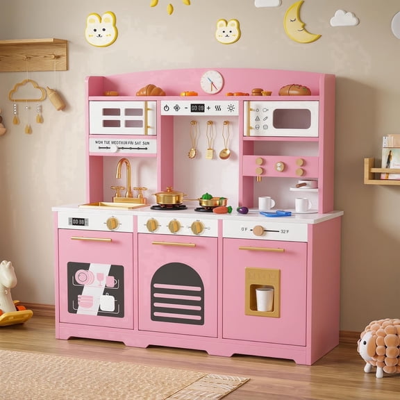 Reasea Kids Wooden Play Kitchen Set , Toddler Toy Kitchen Playset with 24 Accessories, Realistic Appliances & Storage for Kids Ages 3+, Pink