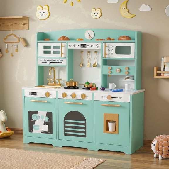 Reasea Kids Wooden Play Kitchen Set , Toddler Toy Kitchen Playset with 24 Accessories, Realistic Appliances & Storage for Kids Ages 3+, Mint Green