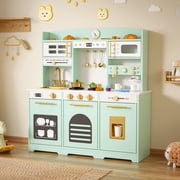 Reasea Kids Wooden Play Kitchen Set, Toddler Toy Pretend Kitchen Playset with 24 Accessories, Realistic Appliances & Storage for Kids, Mint Green